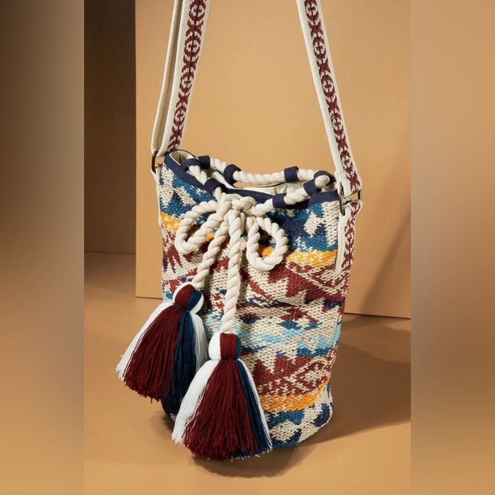 Bohemian Bucket Shoulder Bag Najavo Pattern Handwoven Cotton NWT - Picture 6 of 8